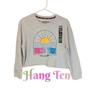 Hang Ten Teens Pull Over Cropped Long Sleeve T-Shirt Sz 14 Gray-Colorful Graphic